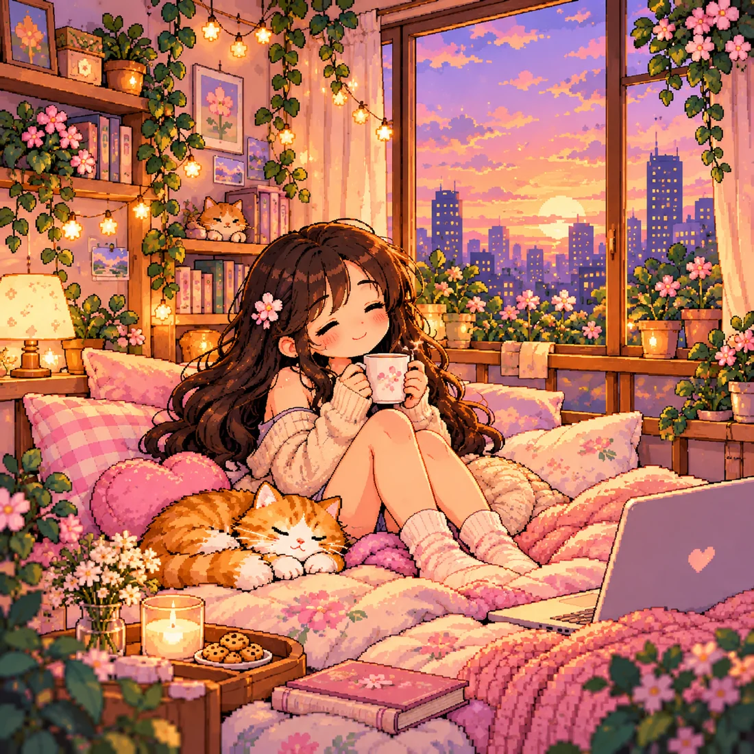Chibi pixel-art girl relaxing with tea and her cat in a cozy room at sunset