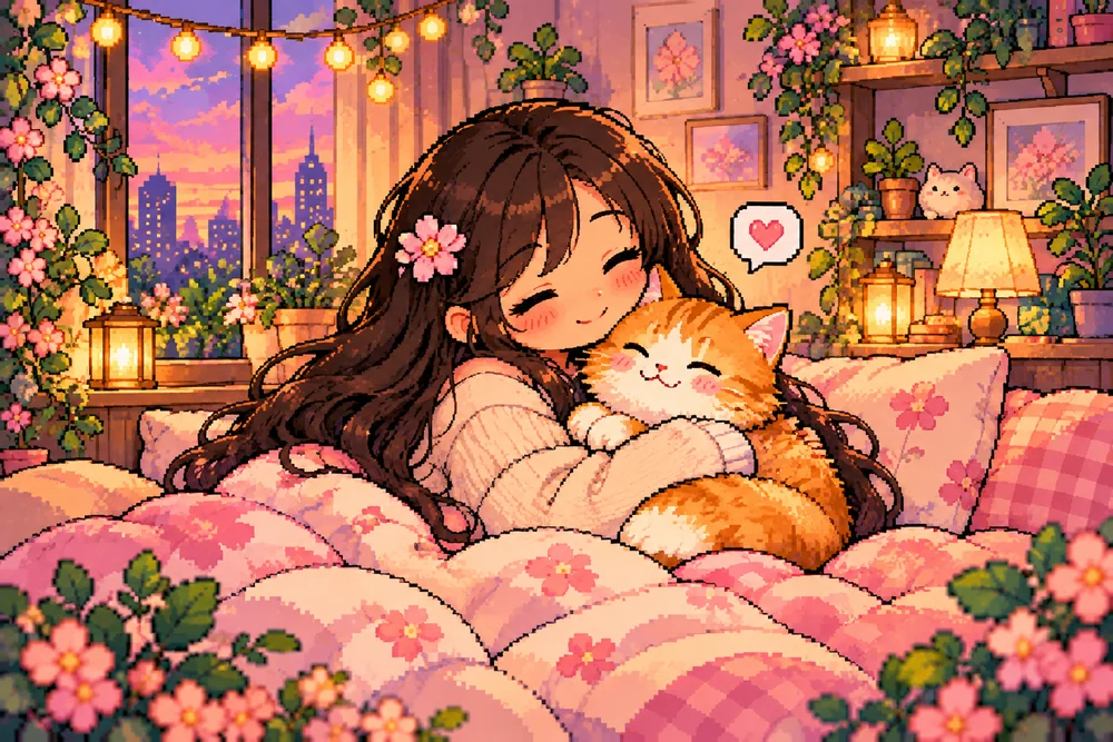 Pixel-art cozy table with tea, a phone and a sleeping cat