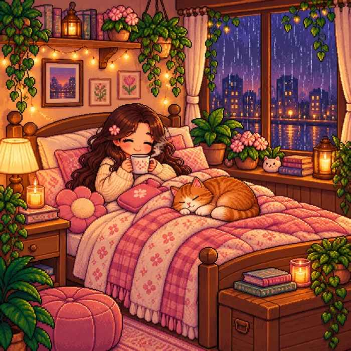 Cozy pixel-art room during the menstrual phase