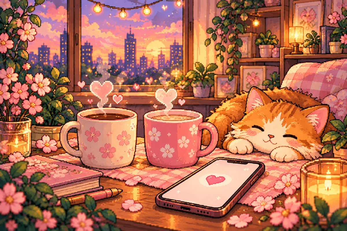 Chibi pixel-art partner waiting with a phone in a cozy room